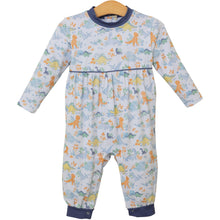 Load image into Gallery viewer, Dress your little one in the Dino Adventures Long Romper from Trotter Street Kids, featuring a charming Roaring Dino print that sparks imagination. This soft knit romper with long sleeves offers cozy comfort for playtime and stylish outings alike, making it an essential addition to your infant boy’s wardrobe.