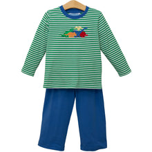 Load image into Gallery viewer, Dress him in playful comfort with this Boys Dinosaur Pant Set. The green striped long-sleeve tee and coordinating pant set design keeps him cozy on crisp fall days, while the charming dinosaur applique adds a fun, adventurous touch. Ideal for everyday wear, this set combines softness and style to keep him happy and snug all season long.