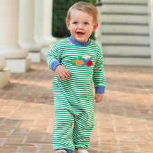 Load image into Gallery viewer, Dress your little one in playful comfort with this Infant Boys Dinosaur Romper. The green striped long-sleeve design keeps him cozy on crisp fall days, while the charming dinosaur applique adds a fun, adventurous touch. Ideal for everyday wear, this romper combines softness and style to keep your baby happy and snug all season long.