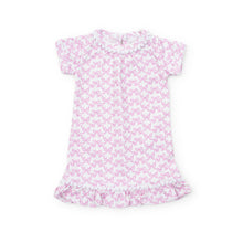 Load image into Gallery viewer, The Camden Girls' Lounge Dress in Pretty Pink Bows by Lila & Hayes offers a soft, cozy fit perfect for relaxing or playtime. Its charming pink bow print adds a delightful touch of sweetness, making it an ideal choice for your little girl's everyday comfort. Complete the look with the matching robe and doll dress for a coordinated, adorable ensemble she'll love to wear again and again.