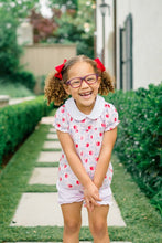 Load image into Gallery viewer, Dress your little one in the enchanting Apple Blossoms Bloomer Set by The Proper Peony. This delightful ensemble features charming apple and bow prints, complemented by a soft white Peter Pan collar. Crafted from luxurious Pima cotton, it offers unmatched comfort—perfect for those memorable first school days!