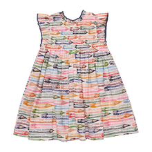 Load image into Gallery viewer, The Girls Stevie Dress in Colored Pencils by Pink Chicken combines playful style with comfort. Featuring a charming smocked bodice and flutter sleeves, this dress showcases a delightful colored pencil print that sparks creativity. Perfect for back-to-school, it offers a cute and comfortable option your little girl will love to wear every day.
