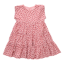 Load image into Gallery viewer, The Girls Peachy Dress in Pink Tiny Roses is a charming choice for fall occasions. Adorned with delicate pink roses and featuring a tiered skirt, this dress combines timeless style with playful elegance. Perfect for making your little girl stand out at any event, it offers both comfort and classic beauty.