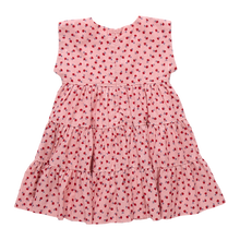 Load image into Gallery viewer, The Girls Peachy Dress in Pink Tiny Roses is a charming choice for fall occasions. Adorned with delicate pink roses and featuring a tiered skirt, this dress combines timeless style with playful elegance. Perfect for making your little girl stand out at any event, it offers both comfort and classic beauty.
