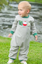 Load image into Gallery viewer, This Infant Boys Fishing Trio Romper from Trotter Street Kids brings playful charm to your little one’s wardrobe. Crafted with soft fabric, it features a striped design adorned with adorable fishing-themed embroidered appliques on the front. Perfect for everyday wear, this romper combines comfort with a fun, outdoor-inspired look your baby will love.