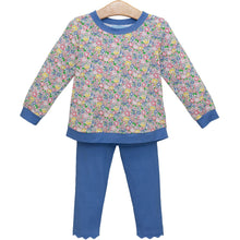 Load image into Gallery viewer, The Girls Floral Reagan Pant Set from Trotter Street combines a lively floral print top with charming periwinkle leggings featuring a delicate scalloped hem. This coordinated outfit offers both style and comfort, perfect for adding a fresh, playful touch to your little girl's wardrobe. Ideal for everyday wear or special occasions, it ensures she looks effortlessly adorable while staying comfortable all day.