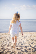 Load image into Gallery viewer, The Proper Peony's Blossom Bow Bloomer Set is a must-have for any infant girl! Made with 100% pima cotton, this set features a charming Forget Me Not flower print, sleeveless flutter sleeves, and a comfortable bloomer. Perfect for keeping your little one cool and stylish during the warmer months!