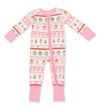 Load image into Gallery viewer, Angel Dear’s Gingerbread Fair Isle Pink combines cozy charm with practical design. This adorable footie and convertible romper features a festive gingerbread print, easy 2-way zipper access, and grows with your infant from newborn to 18 months—making holiday dressing effortless and joyful!