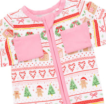 Load image into Gallery viewer, Angel Dear’s Gingerbread Fair Isle Pink combines cozy charm with practical design. This adorable footie and convertible romper features a festive gingerbread print, easy 2-way zipper access, and grows with your infant from newborn to 18 months—making holiday dressing effortless and joyful!