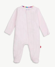 Load image into Gallery viewer, Magnetic Me’s Love Lines Pink Pointelle Magnetic Footie, also known as a sleeper, is made with magnetic closures that are quick, quiet, and a lifesaver for middle-of-the-night changes. Naturally soft + breathable for year-round wear, it's the perfect layette present made of organic cotton + delicate pointelle stitching.