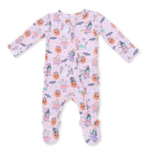 Load image into Gallery viewer, Angel Dear’s Pink Halloween Monster Dress Up ignites festive fun with its adorable pink monster print and cozy 2-way zipper footie design. Perfect for infant girls, it combines comfort and easy dressing, making Halloween magical for both baby and parents!