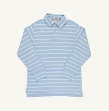 Load image into Gallery viewer, Elevate your boy’s autumn wardrobe with The Beaufort Bonnet Company’s Prim and Proper Polo, blending vibrant Sarasota Sky and Old Greenwich Green stripes. Crafted with a timeless silhouette, it offers comfort and style that grows with him, making every moment feel effortlessly polished and ready for adventure!