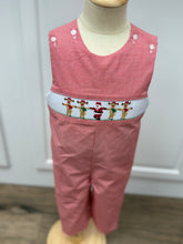 Load image into Gallery viewer, Get your little boy holiday-ready with the Boys Rockin' Reindeer Longall. Its red and white gingham fabric is accented by charming smocked reindeer and Santa embroidery, creating a festive and classic look. Designed for comfort and style, it’s perfect for holiday gatherings and pairs beautifully with matching sibling outfits to create memorable family moments.