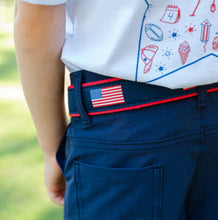 Load image into Gallery viewer, Celebrate classic Americana with our American Flag Belt. Featuring vibrant flag embroidery on navy canvas, it’s a timeless piece perfect for holidays and every day alike.