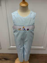 Load image into Gallery viewer, This Boys Gone Fishing Longall showcases a charming blue and white gingham pattern, highlighted by a detailed smocked fisherman & his best friend embroidery on the front. Designed for comfort and style, it pairs perfectly with a classic Peter Pan collar shirt, creating an adorable and polished outfit ideal for playful days and special occasions.