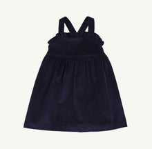 Load image into Gallery viewer, The Macy Drew Dress in Nantucket Navy Corduroy by The Beaufort Bonnet Company wraps your toddler in cozy elegance, perfectly layering over the Maude Peter Pan Collar White Shirt. Ideal for autumn and holiday moments, it invites warmth and timeless charm, with a monogram option for a personalized touch.