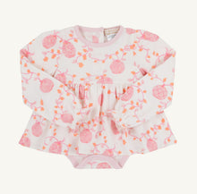 Load image into Gallery viewer, The Beaufort Bonnet Company’s Long Sleeve Daisy's Diaper Cover Dress in Gourd-geous (Palmetto Pearl) with Palm Beach Pink is the kind of sweet, polished baby one piece outfit that she will live in all autumn long! Crafted with soft 100% Pima Cotton Knit fabric with elastic ruffle sleeve openings, picot trim on the sleeves, and snaps at the back and leg, this dress makes fall dressing as easy as it is adorable. Comfort meets convenience in this darling piece!