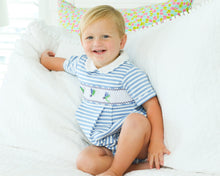 Load image into Gallery viewer, The Fishing Lure Bubble by Cape Point Clothing Co. is a delightful outfit for your little one! Its blue striped knit design and charming fishing lures smocked across the chest create a playful look, while the white Peter Pan collar adds a touch of classic charm. Made from breathable material, it's perfect for keeping infants comfortable during spring and summer adventures! Plus, there's a matching short set for older brothers, making it a great choice for family outings!