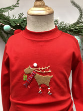 Load image into Gallery viewer, Dress your little one in holiday style with the Boys Appliqué Reindeer Pant Set from Squiggles! This festive set includes a long sleeve red tee with a charming reindeer appliqué and coordinating light blue and white knit pants. Perfect for keeping your toddler comfy and looking cute all season long!