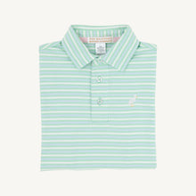 Load image into Gallery viewer, Elevate your little gentleman's style with The Beaufort Bonnet Company's Prim and Proper Striped Polo in Grace Bay Green. This classic striped polo is a perfect closet staple, providing a timeless and polished look for toddler boys all the way to tweens. Give him the best in quality and style with this must-have piece!