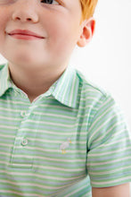 Load image into Gallery viewer, Elevate your little gentleman's style with The Beaufort Bonnet Company's Prim and Proper Striped Polo in Grace Bay Green. This classic striped polo is a perfect closet staple, providing a timeless and polished look for toddler boys all the way to tweens. Give him the best in quality and style with this must-have piece!