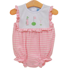 Load image into Gallery viewer, Introducing Tee Time Ruffle Bubble by Trotter Street Kids - the perfect choice for your little fashionista this spring and summer! This adorable one-piece features pink striped ruffles, cute golf appliqués on the chest, and a breathable design. Perfect for infant girls who want to make a stylish statement on the green.