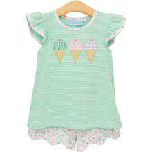 Load image into Gallery viewer, Indulge in the sweet and stylish Triple Scoop Flutter Short Set from Trotter Street Kids. Perfect for girls, this teal striped knit shirt set features a charming floral trim and matching floral shorts. The adorable ice cream appliqué adds a fun touch to this comfortable and breathable design, perfect for summer and spring.