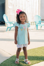 Load image into Gallery viewer, Indulge in the sweet and stylish Triple Scoop Flutter Short Set from Trotter Street Kids. Perfect for girls, this teal striped knit shirt set features a charming floral trim and matching floral shorts. The adorable ice cream appliqué adds a fun touch to this comfortable and breathable design, perfect for summer and spring.