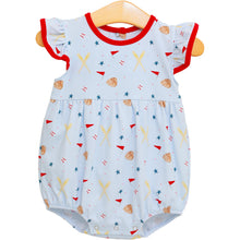 Load image into Gallery viewer, Dress your little one in the All-Star Flutter Bubble by Trotter Street Kids, where charming style meets comfort! This light blue knit outfit, designed for infant girls, showcases an adorable baseball print with vibrant red ruffle sleeves. Perfect for baseball games, it keeps your baby cool and fashionable while cheering on the team!