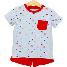 Load image into Gallery viewer, Elevate your little one's game-day experience with the All-Star Short Set by Trotter Street Kids! This vibrant set features a baseball-themed knit tee with a fun red pocket and matching comfy shorts, ensuring breathability and style. Perfect for cheering on the team, it’s a must-have for every young fan!