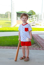 Load image into Gallery viewer, Elevate your little one's game-day experience with the All-Star Short Set by Trotter Street Kids! This vibrant set features a baseball-themed knit tee with a fun red pocket and matching comfy shorts, ensuring breathability and style. Perfect for cheering on the team, it’s a must-have for every young fan!