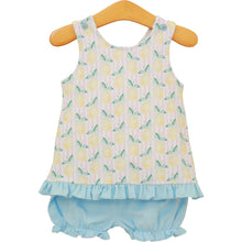 Load image into Gallery viewer, Brighten your little one’s wardrobe with the Squeeze the Day Bloomer Set! This charming outfit features a delightful lemon print top that brings a touch of sunshine, paired with soft light blue knit shorts for all-day comfort. Perfect for playdates and sunny adventures, it’s a must-have for joyful days ahead!