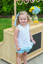 Load image into Gallery viewer, Brighten your little one’s wardrobe with the Squeeze the Day Bloomer Set! This charming outfit features a delightful lemon print top that brings a touch of sunshine, paired with soft light blue knit shorts for all-day comfort. Perfect for playdates and sunny adventures, it’s a must-have for joyful days ahead!