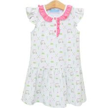 Load image into Gallery viewer, Introducing the Caddy Club Dress from Trotter Street Kids! This charming golf-printed knit dress features delightful ruffle sleeves and a playful drop hem, making it an ideal choice for spring and summer fun. With its breathable design and sweet pink trim, your little girl will feel both comfortable and stylish while enjoying her outdoor adventures. Embrace the joy of childhood with this delightful dress!