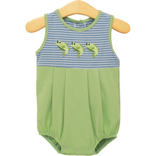 Load image into Gallery viewer, Dive into spring and summer with the adorable Hooked on Fishing Bubble by Trotter Street Kids! This charming knit bubble, embellished with delightful fish appliqués, offers a comfortable and breathable fit for your little ones. Let your infant boy enjoy playful adventures in style and comfort all season long!