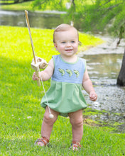 Load image into Gallery viewer, Dive into spring and summer with the adorable Hooked on Fishing Bubble by Trotter Street Kids! This charming knit bubble, embellished with delightful fish appliqués, offers a comfortable and breathable fit for your little ones. Let your infant boy enjoy playful adventures in style and comfort all season long!