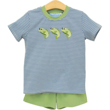 Load image into Gallery viewer, Discover the joy of adventure with the Hooked on Fishing Short Set by Trotter Street Kids! This delightful blue knit tee showcases charming fish appliqués, perfectly paired with comfy green shorts. Ideal for little anglers, it ensures breathability and comfort for all their spring and summer fishing escapades. Let the fun begin!