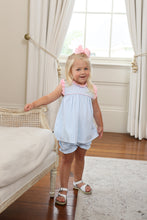 Load image into Gallery viewer, Discover the charming Meredith Bloomer Set in Light Blue Gingham by Trotter Street Kids. This delightful ensemble features a classic blue and white gingham design with playful pink trim. Crafted for comfort and breathability, it's perfect for casual spring and summer outings, ensuring your little one stays stylish and comfortable all day long!