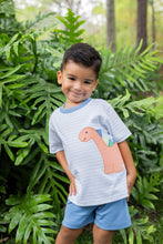 Load image into Gallery viewer, Unleash your little one's adventurous spirit with the Dino Appliqué Knit Tee by Zuccini Kids! This light blue, dinosaur appliqué shirt offers unparalleled comfort, perfect for exploration and play. Let their imagination roar as they embark on new adventures in a tee that’s as vibrant and fun as they are!
Shorts not included.