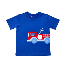 Load image into Gallery viewer, Ignite your child's imagination with the Firetruck Knit Tee by Zuccini Kids! This royal blue shirt features a charming firetruck design that’s sure to delight. Made from breathable fabric, it keeps them comfortable during playtime. Let your little one drive their adventures in style and comfort! Shorts not included.
