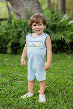 Load image into Gallery viewer, Dress your little adventurer in the Dino Shortall in Mint Stripe by Zuccini Kids! This charming piece features a delightful mint knit stripe adorned with playful dinosaur smocking. Crafted from soft, breathable material, it ensures comfort during all their explorations. Let their imagination run wild!