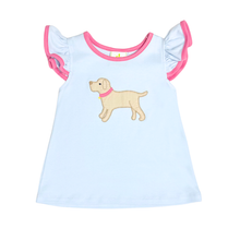 Load image into Gallery viewer, Dress your little one in the Light Blue Labrador Angel Blouse by Zuccini Kids, where comfort meets charm! This adorable knit blouse features a delightful Labrador design, making it perfect for sunny spring and summer days. Its breathable fabric ensures your toddler stays cool and cute while playing! Shorts not included.