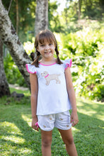 Load image into Gallery viewer, Dress your little one in the Light Blue Labrador Angel Blouse by Zuccini Kids, where comfort meets charm! This adorable knit blouse features a delightful Labrador design, making it perfect for sunny spring and summer days. Its breathable fabric ensures your toddler stays cool and cute while playing! Shorts not included.