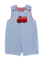Load image into Gallery viewer, Introducing the Batter Up Reversible Jon Jon by Bailey Boys, designed for your little champion! This delightful outfit showcases a playful baseball theme on one side and a vibrant firetruck design on the other, ensuring versatile style for any occasion. Crafted for comfort, it's perfect for your active infant boy!