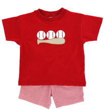 Load image into Gallery viewer, The Batter Up Boys Short Set by Bailey Boys is a delightful combination of style and comfort! The vibrant red knit shirt features a playful baseball appliqué, while the matching red mini gingham shorts ensure breathability for warm days. Perfect for spring and summer outings cheering on your favorite baseball team!