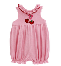 Load image into Gallery viewer, Celebrate your little one's style with the Infant Girls Cherry Jubilee Romper by Bailey Boys! This delightful pink knit striped romper is not only adorable but also breathable, perfect for warm spring and summer days. The charming cherry appliqué adds a playful touch that your baby will love. Dress her in comfort and cuteness!