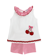 Load image into Gallery viewer, Dress your little one in the delightful Infant Girls Cherry Jubilee Knit Short Set by Bailey Boys! This charming ensemble features a soft white knit tee adorned with a whimsical cherry appliqué, paired with cozy knit shorts. Perfect for spring and summer, it offers both style and comfort for your little adventurer!