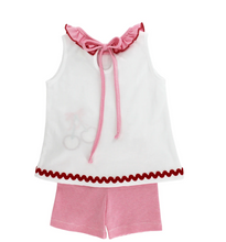 Load image into Gallery viewer, Dress your little one in the delightful Infant Girls Cherry Jubilee Knit Short Set by Bailey Boys! This charming ensemble features a soft white knit tee adorned with a whimsical cherry appliqué, paired with cozy knit shorts. Perfect for spring and summer, it offers both style and comfort for your little adventurer!