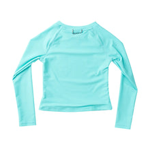 Load image into Gallery viewer, Our Boy's Reef Rashguard Shirt in Aruba Blue adds a pop of color while delivering high-performance sun safety. Made with UPF 50+ sun protection, it shields skin from 98% of harmful UV rays. Raglan sleeves ensure unrestricted movement, while flatlock stitching keeps him comfortable during active play. Quick-dry fabric transitions effortlessly from surf to shore for all-day fun.