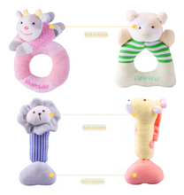 Load image into Gallery viewer, Delight your little one with the Happy Baby House - 4 Plush Rattles Set! This charming collection features soft, cuddly rattles shaped like adorable animals, perfect for tiny hands. Each rattle encourages sensory play and engagement, making it an ideal gift for babies aged 2 months and up. Watch your baby giggle with joy!